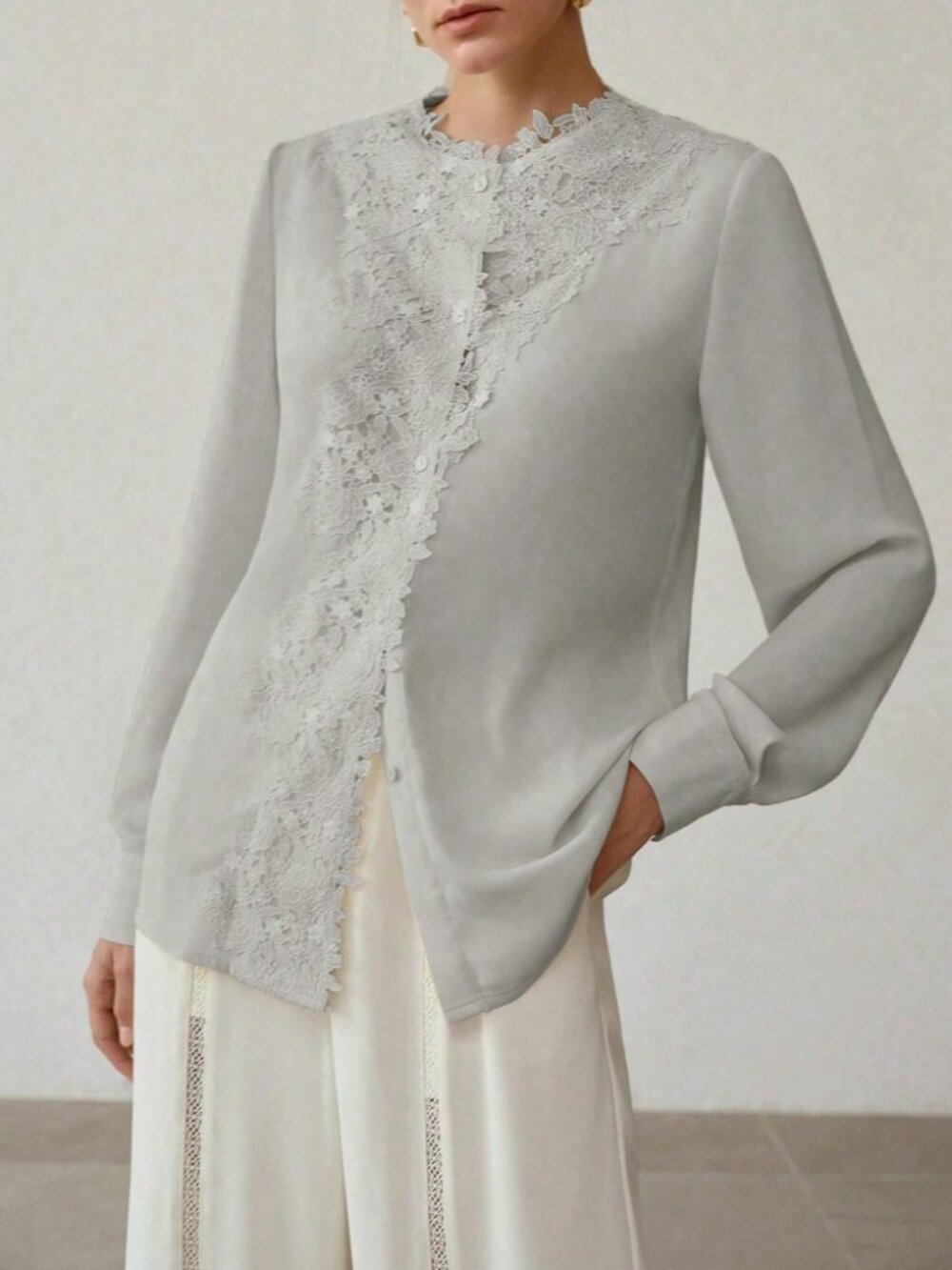 Gray Asymmetric Lace Applique Collarless Long Sleeve Blouse